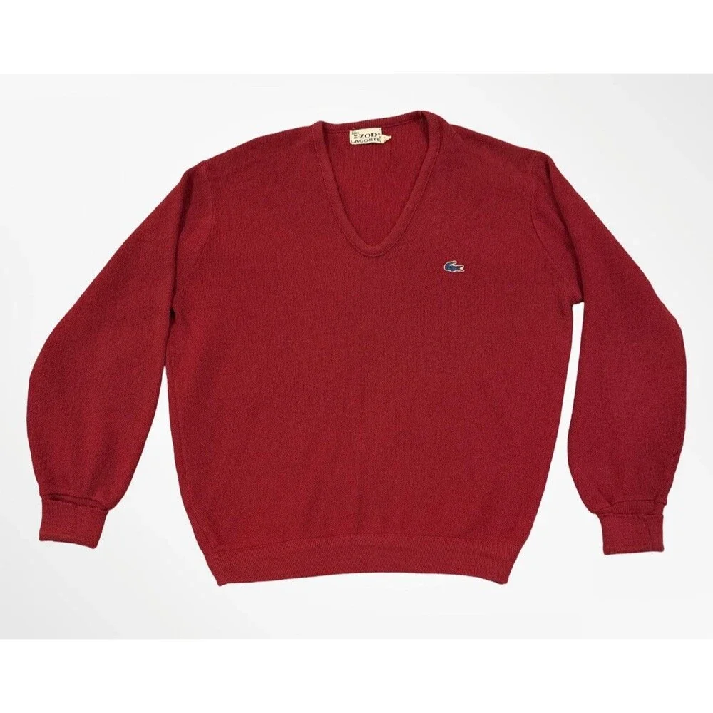 Vintage Lacoste Izod Sweater Mens Red 100% Orlon V-Neck Long Sleeve Pullover XL